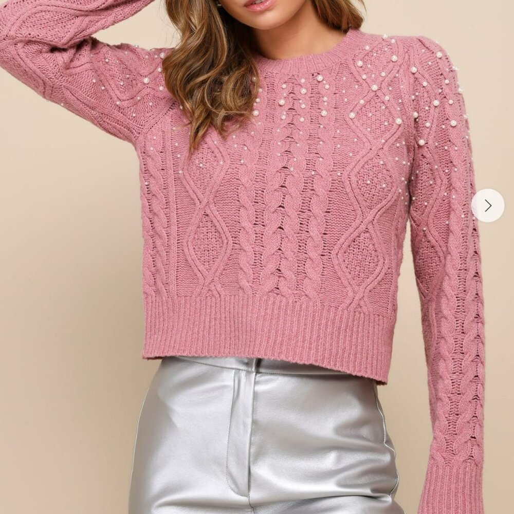 NWT - Lulu's - Pink Cable Knit Pullover Sweater with Pearls - Size Small